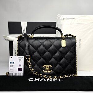 CHANEL 23B Mini Top Handle Flap Quilted Black Caviar Leather Shoulder Bag GHW